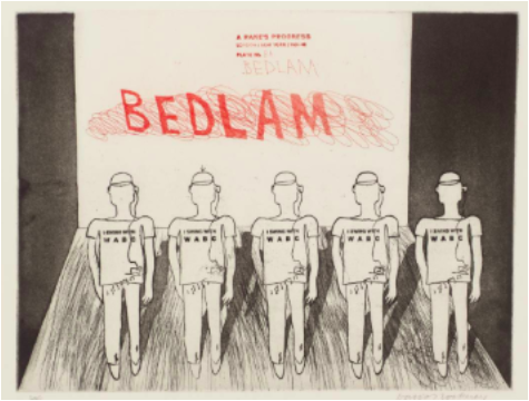 David Hockney Prints: Bedlam (from ‘A Rakes Progress’) Etching and Aquatint 1961-3