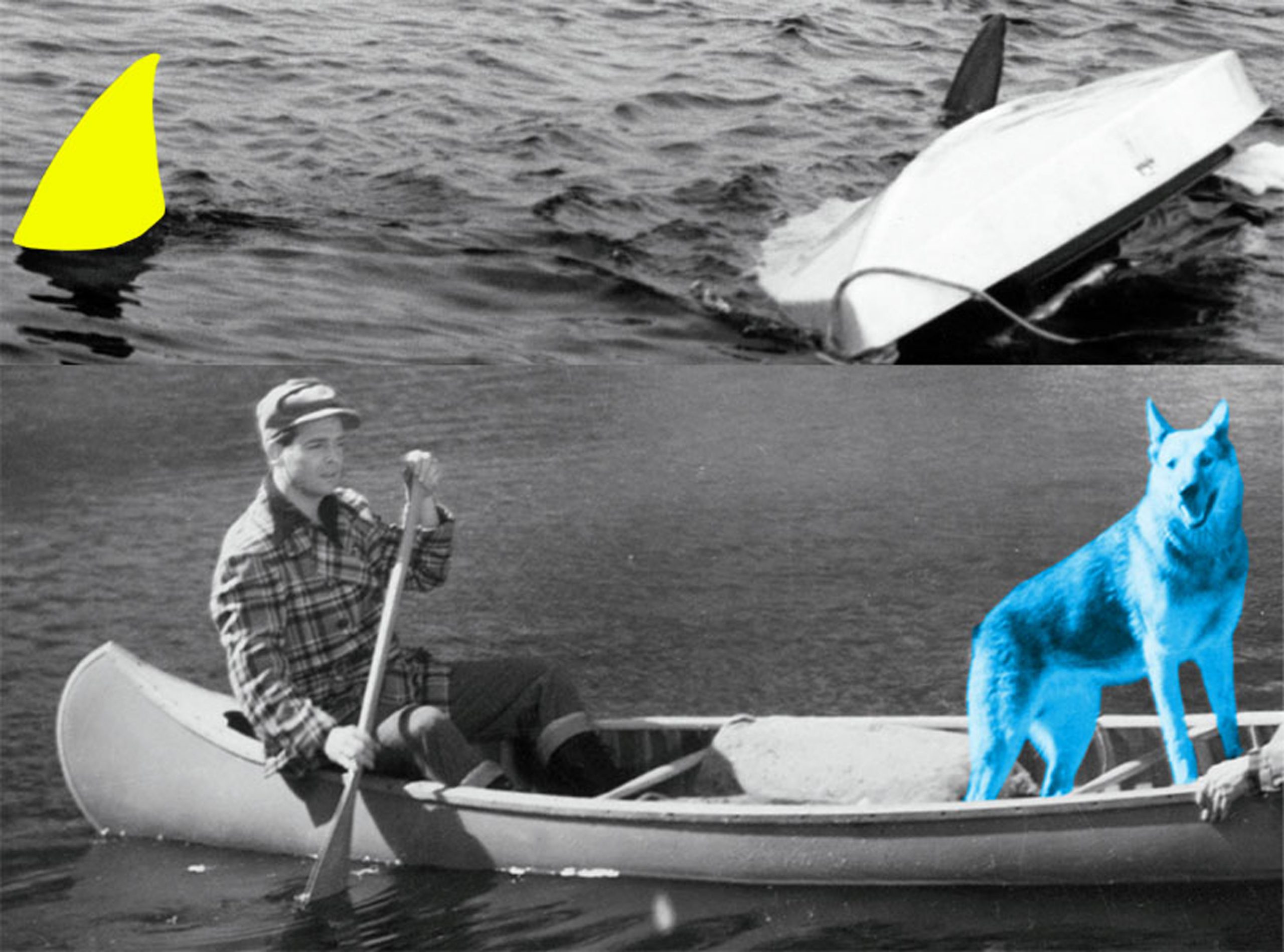 Man, Dog (Blue), Canoe/Shark Fins (One Yellow), Capsized Boat by John Baldessari