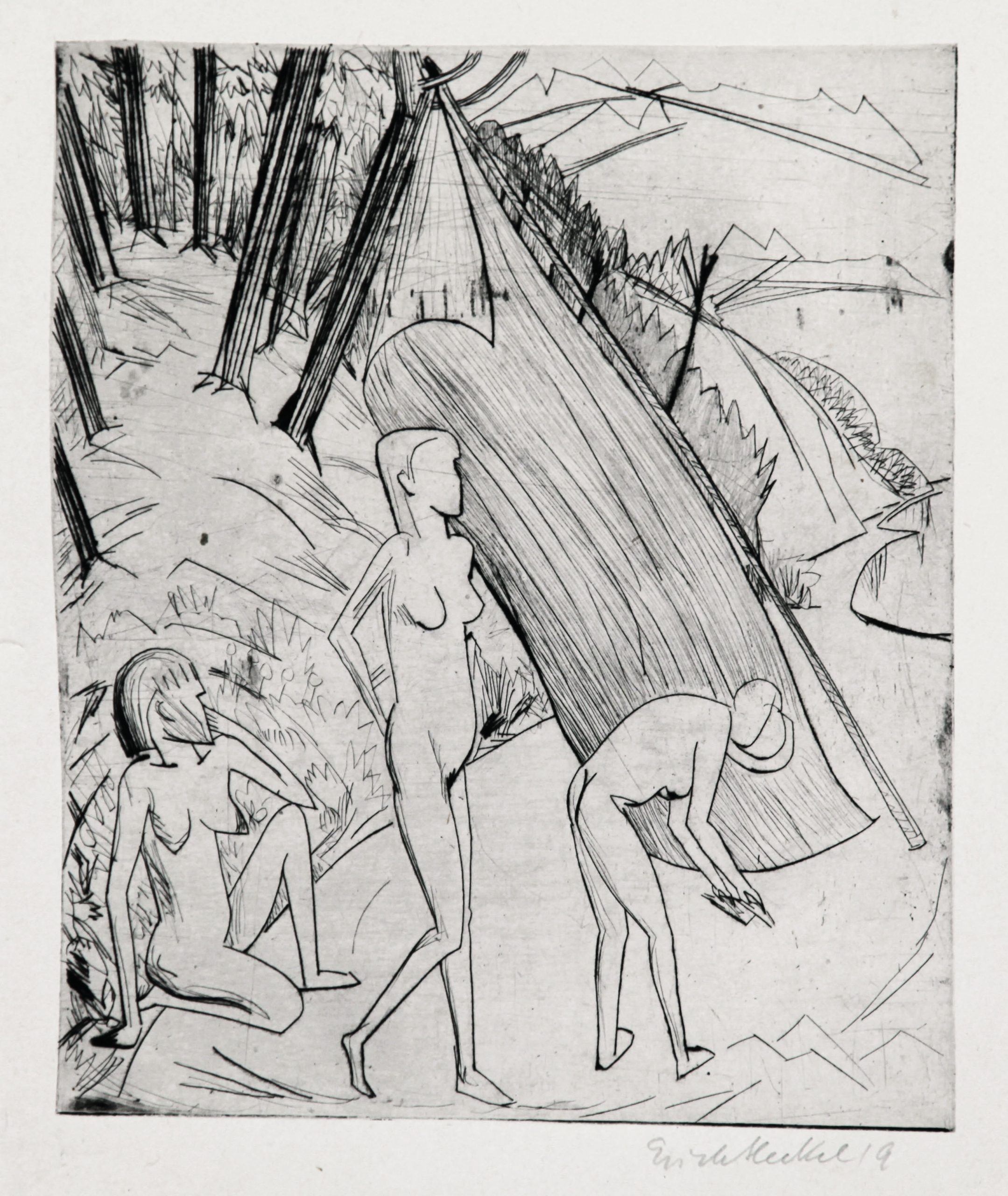 Drei Mädchen am Strand by Erich Heckel