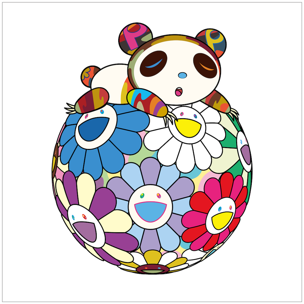 Atop a Ball of Flowers, a Panda Cub Sleeps Soundly by Takashi Murakami