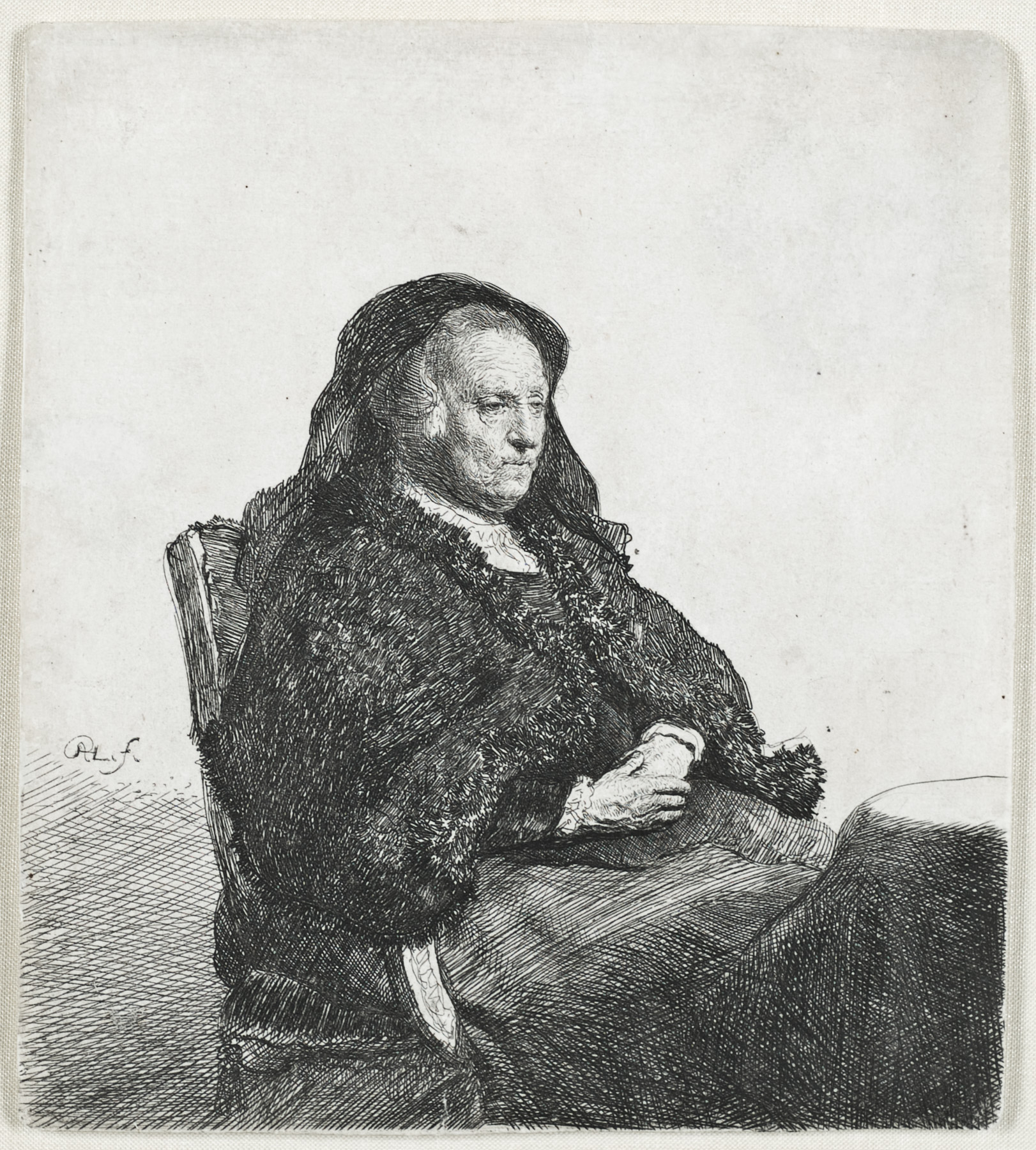 The Artist’s Mother seated at a table, looking right: Three quarter length by Harmensz van Rijn Rembrandt