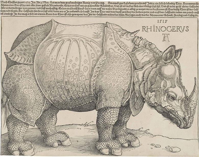 Albrecht Dürer, The Rhinoceros, Woodcut with letterpress text, 1515.