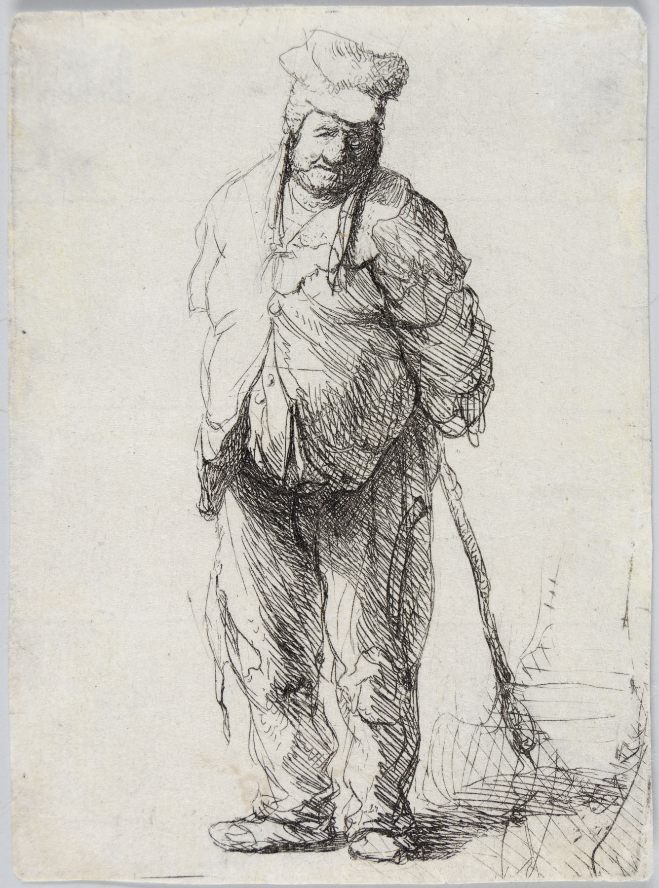 Ragged Peasant with his Hands Behind Him, Holding a Stick by Harmensz van Rijn Rembrandt