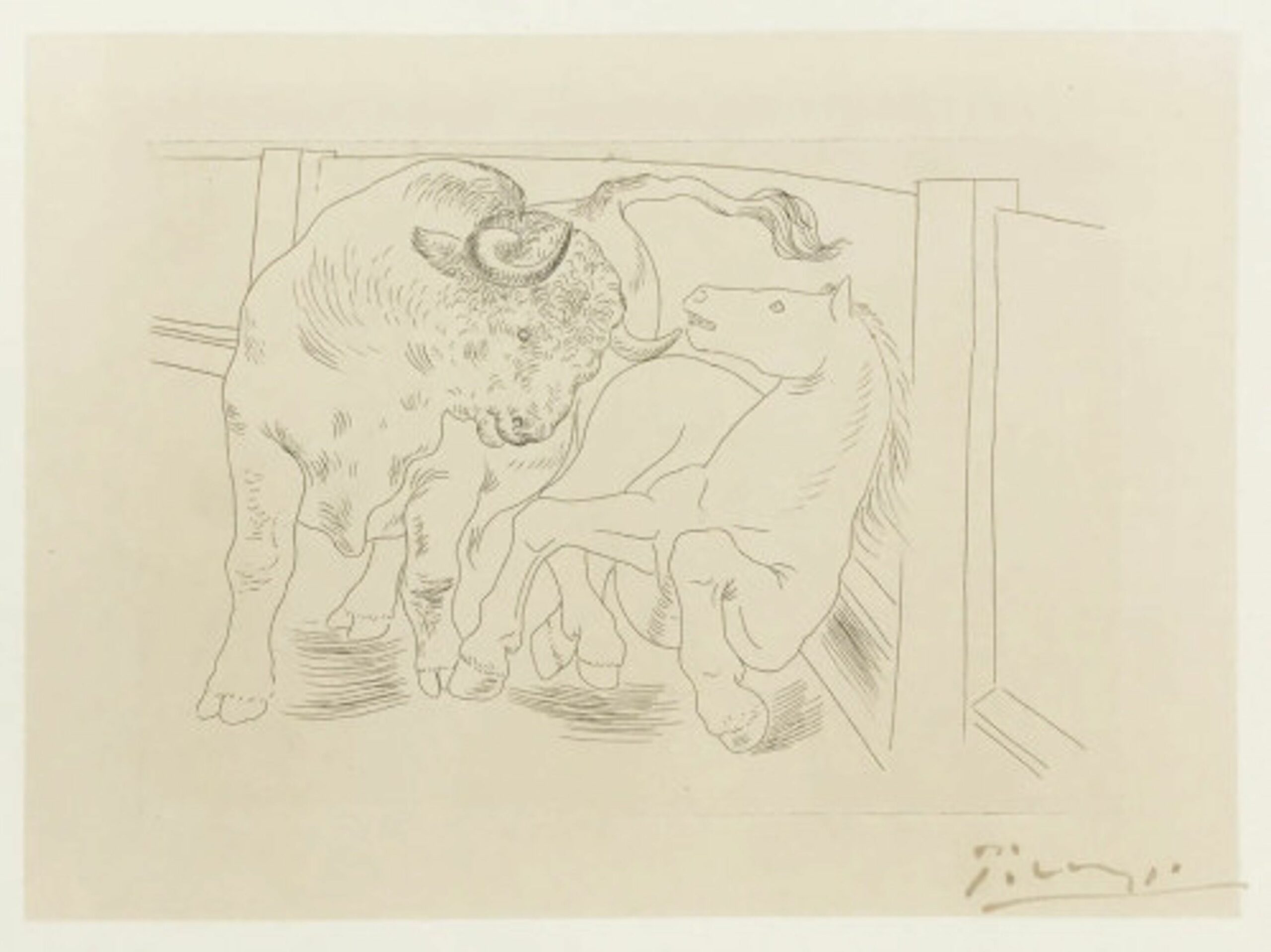 Bull and Horse (plate III) in the Arena from Le Chef-d’œuvre inconnu by Pablo Picasso