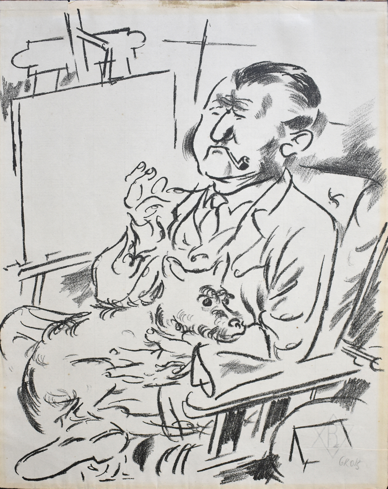 Self-Portrait with Dog in Front of the Easel, from: The Creators by George Grosz