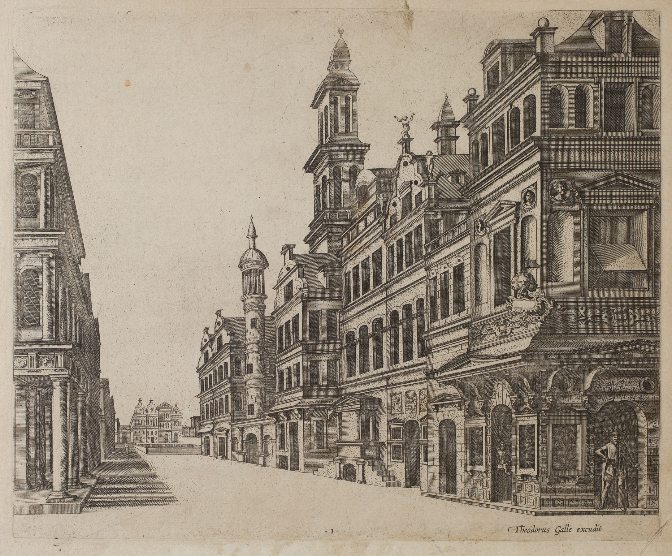 Imaginary view of a street with the house Aux Quatre Vents by Joannes and Lucas van Doetecum