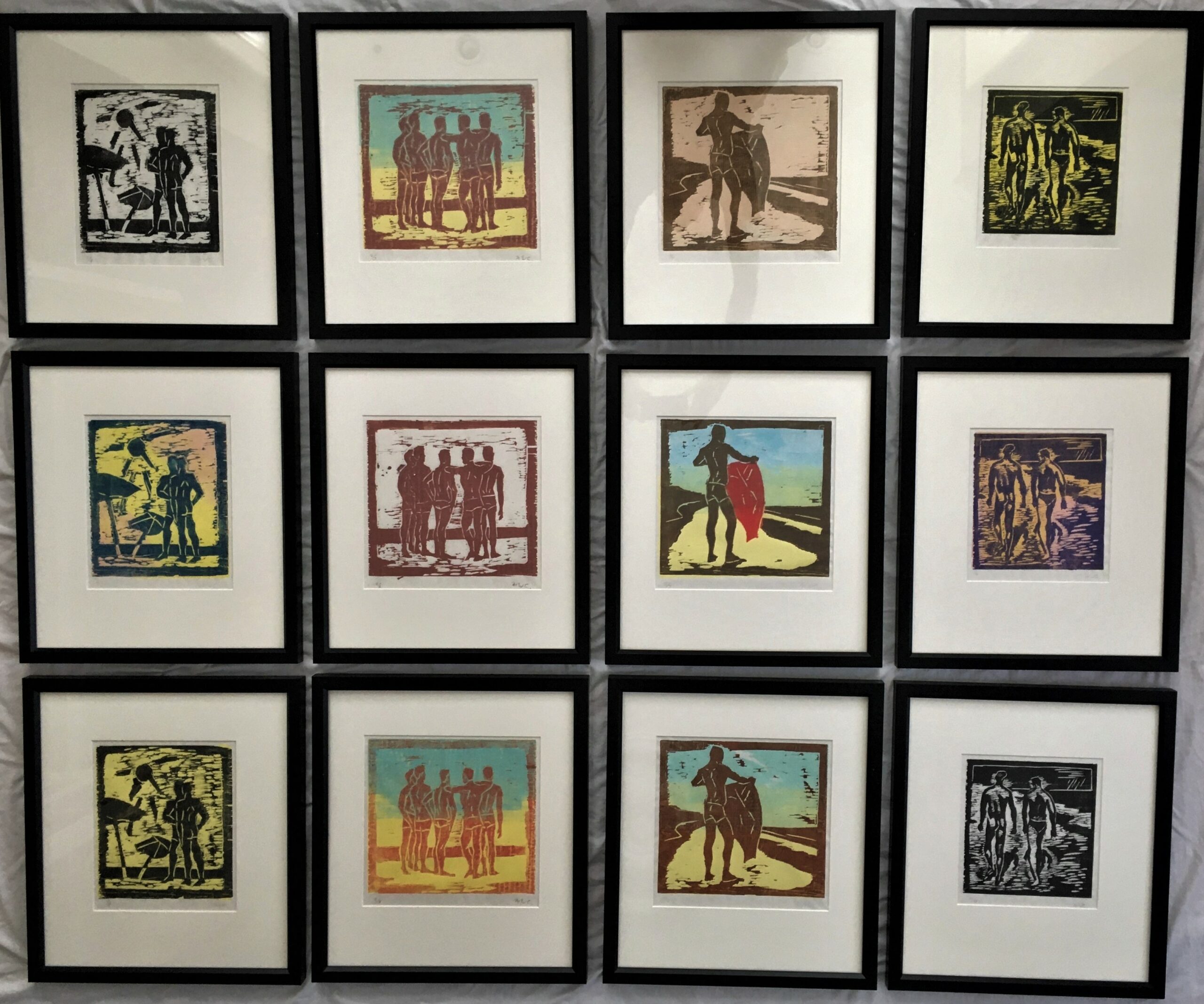 Installation of 12 framed color woodcuts by McWillie Chambers