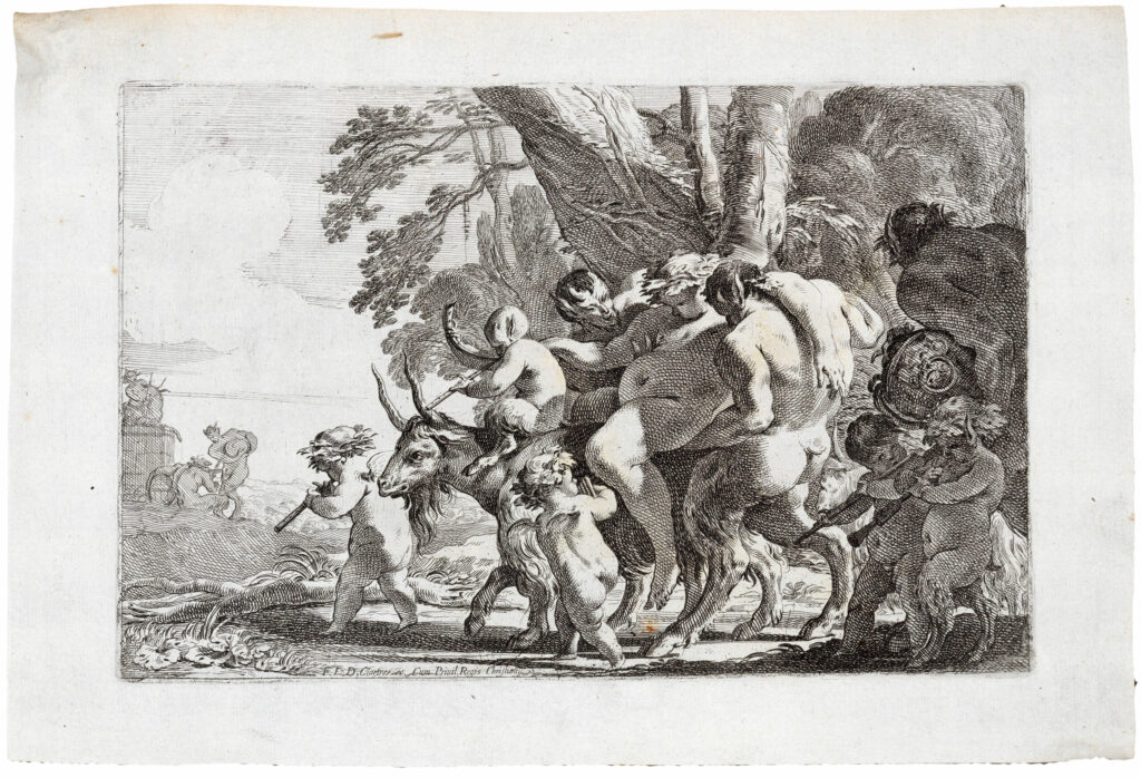 Drunken Silenus being carried by Satyrs and playing putti Michel Dorigny