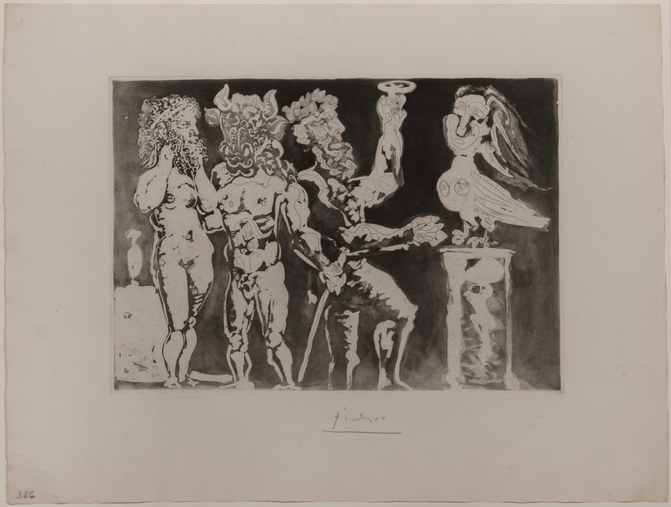 Masked Figures and Bird Woman, from: The Suite Vollard (Personages masqués et femme oiseau: La Suite... by Pablo Picasso