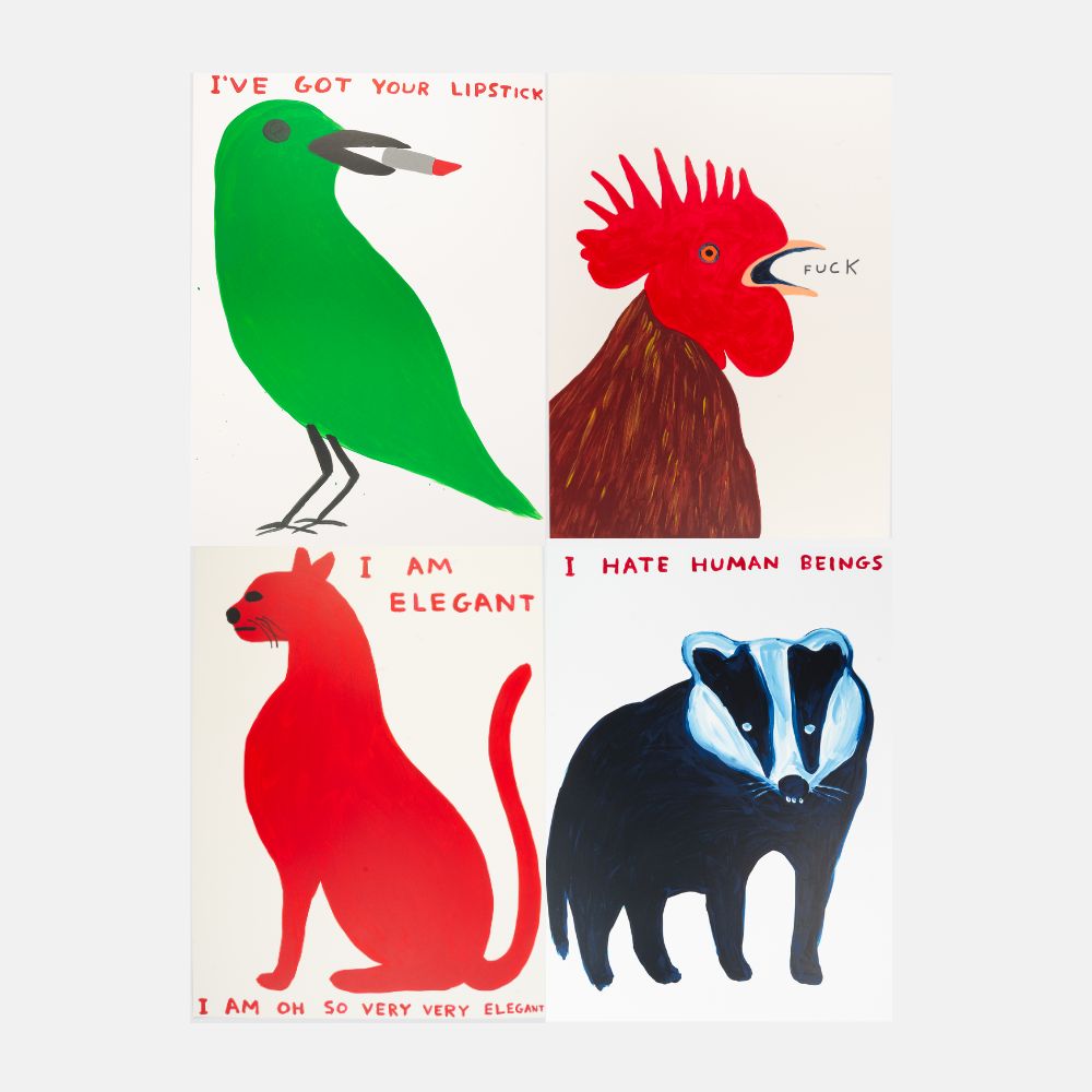 I’ve Got Your Lipstick, Fuck, I Am Elegant, I Hate Human Beings (set of 4) by David Shrigley