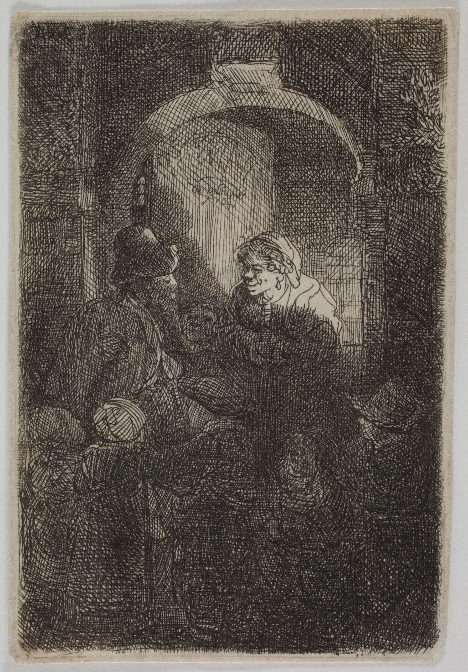 A hurdy-gurdy player followed by children at the door of a house (‘the schoolmaster’) by Harmensz van Rijn Rembrandt