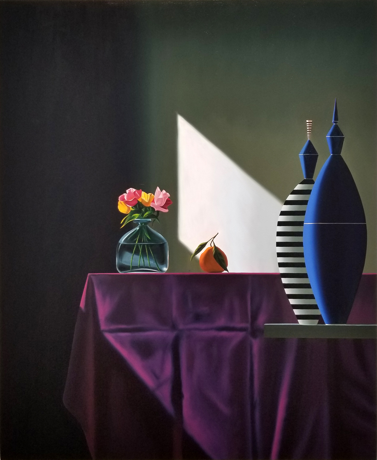 Blue and Striped Vessels Next to Purple Tablecloth by Bruce Cohen