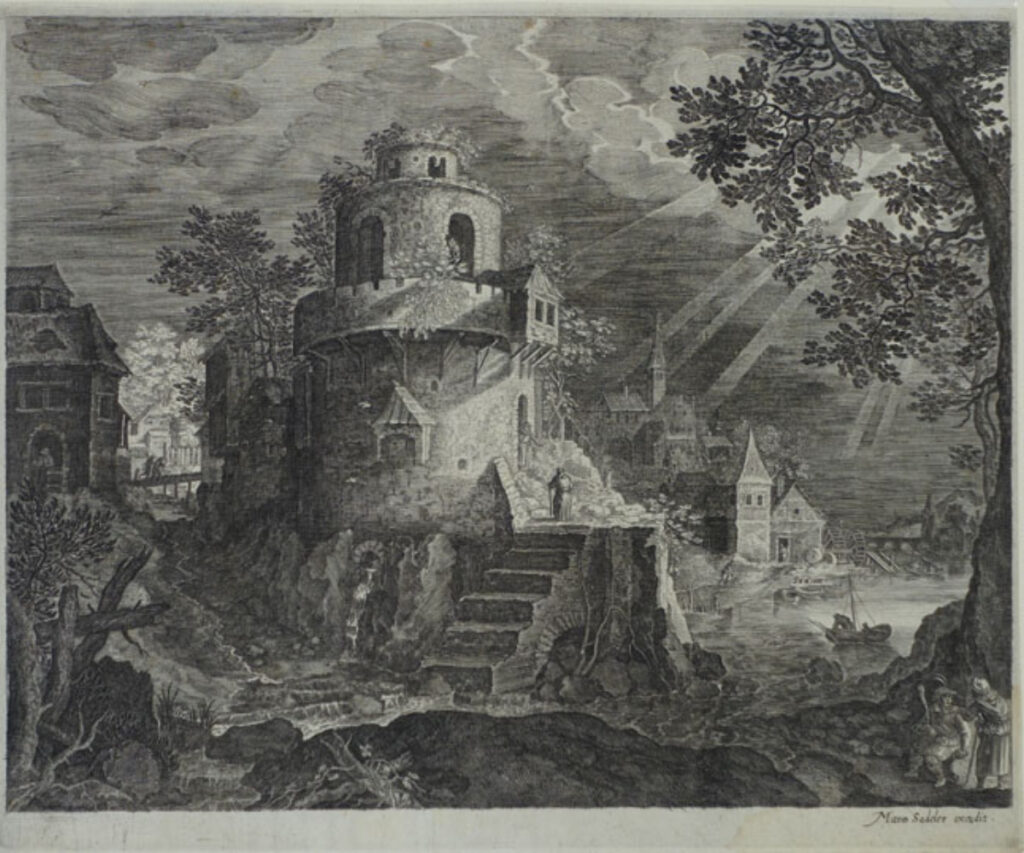 Landscape with a round Tower and a Mill by Aegidius Sadeler