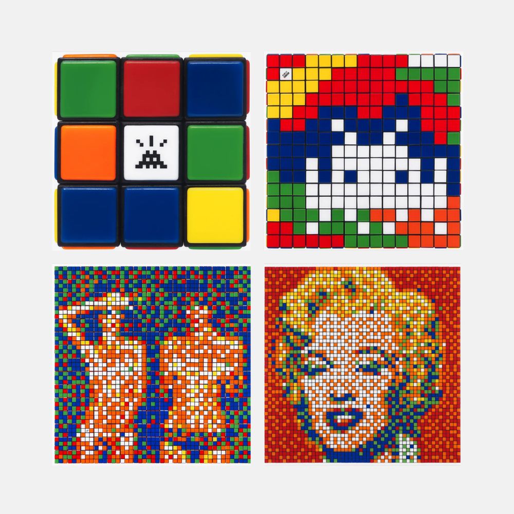 Invaded Cube, Rubik Camouflage, Rubik Country Life, Rubik Shot Red Marilyn, 2023, Invader