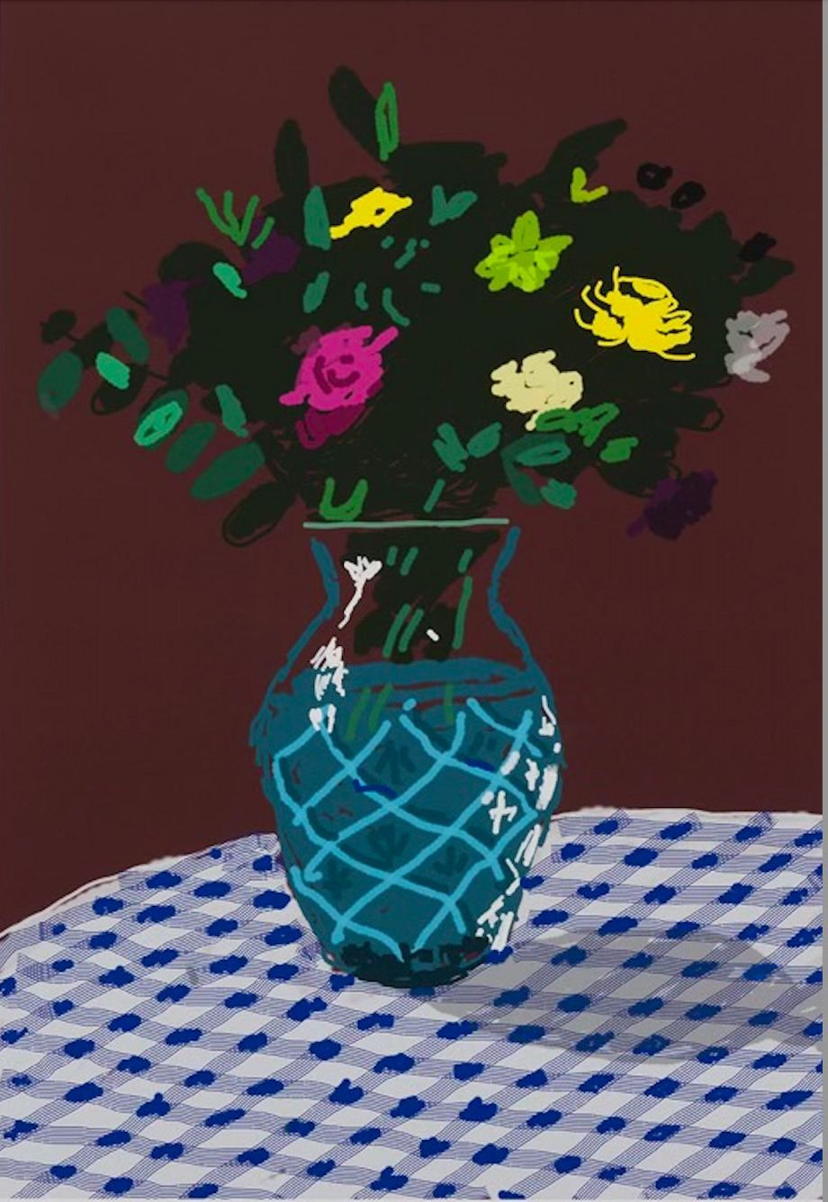 21st March 2021, Purple and Yellow Flowers in a Vase by David Hockney