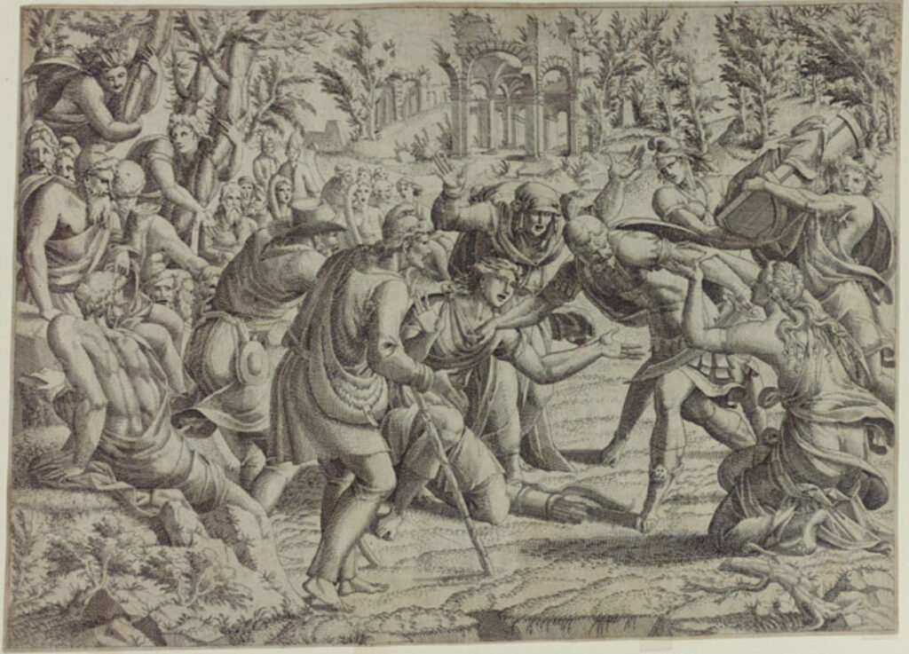 Cassandra stopping Deiphobus from killing their brother Paris, 1545, Jean Mignon