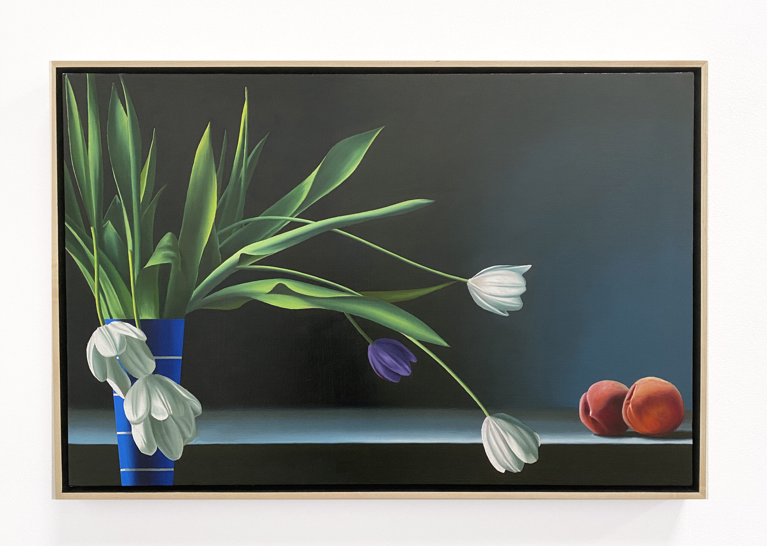 Still Life with White Tulips and Two Peaches by Bruce Cohen