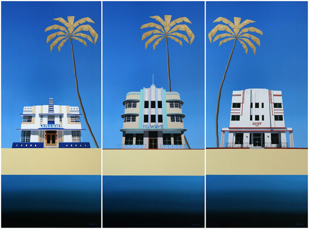 Miami Deco Buildings [Triptych] – Century, The Wave & Surf by Razzia (Gérard Courbouleix-Deneriaz) Addicted Art Gallery