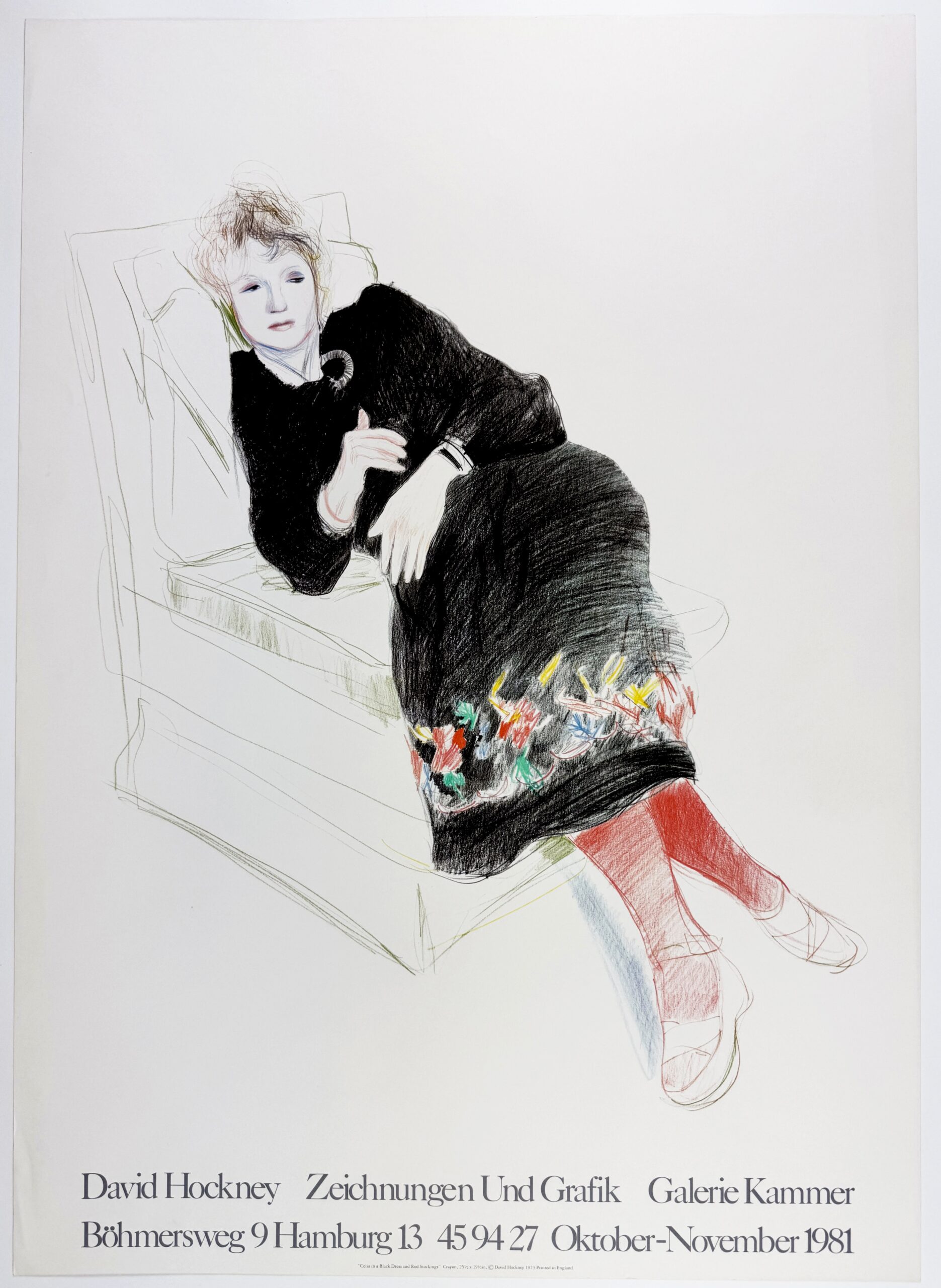 Galerie Kammer 1981 (Celia in a Black Dress and Red Stockings 1973) by David Hockney