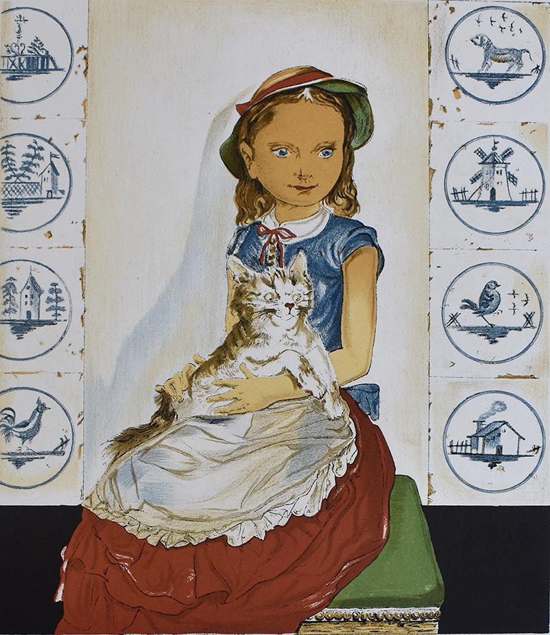 Young girl sitting with a cat by Tsuguharu Foujita