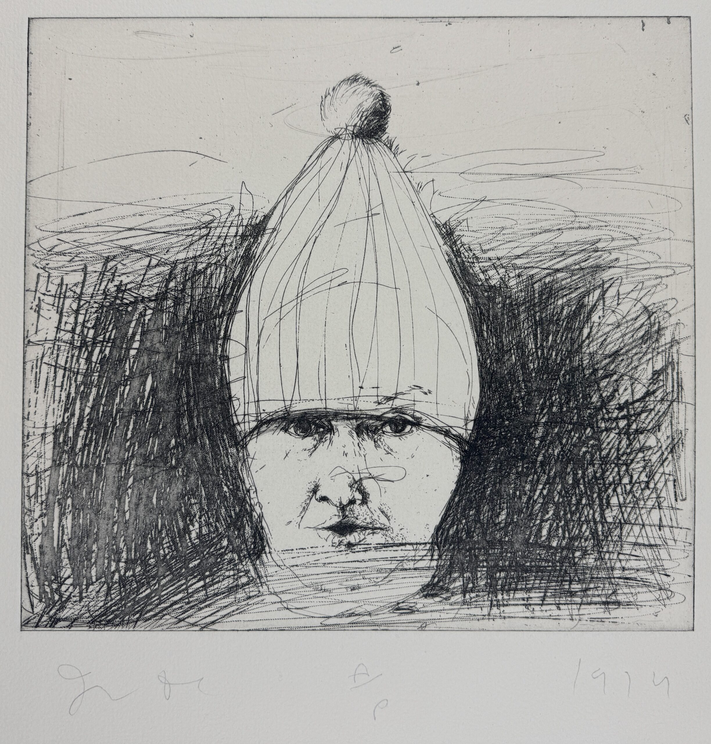 Self Portrait in a Ski Hat (first state) unique black and white proof by Jim Dine