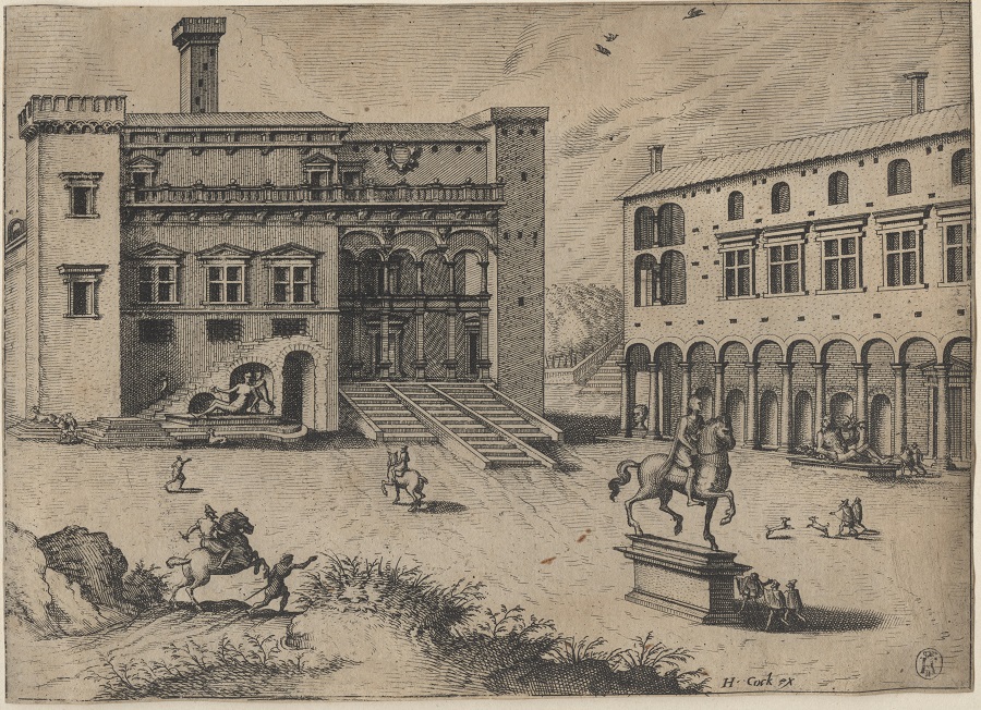 A Piazza with an Equestrian Monument by Jan or Lucas Doetecum