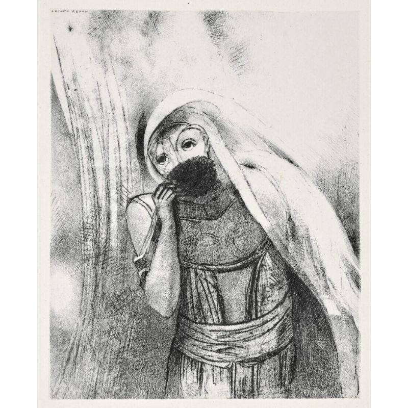 Elle tire de sa poitrine une éponge toute noire, la couvre de baisers by Odilon Redon