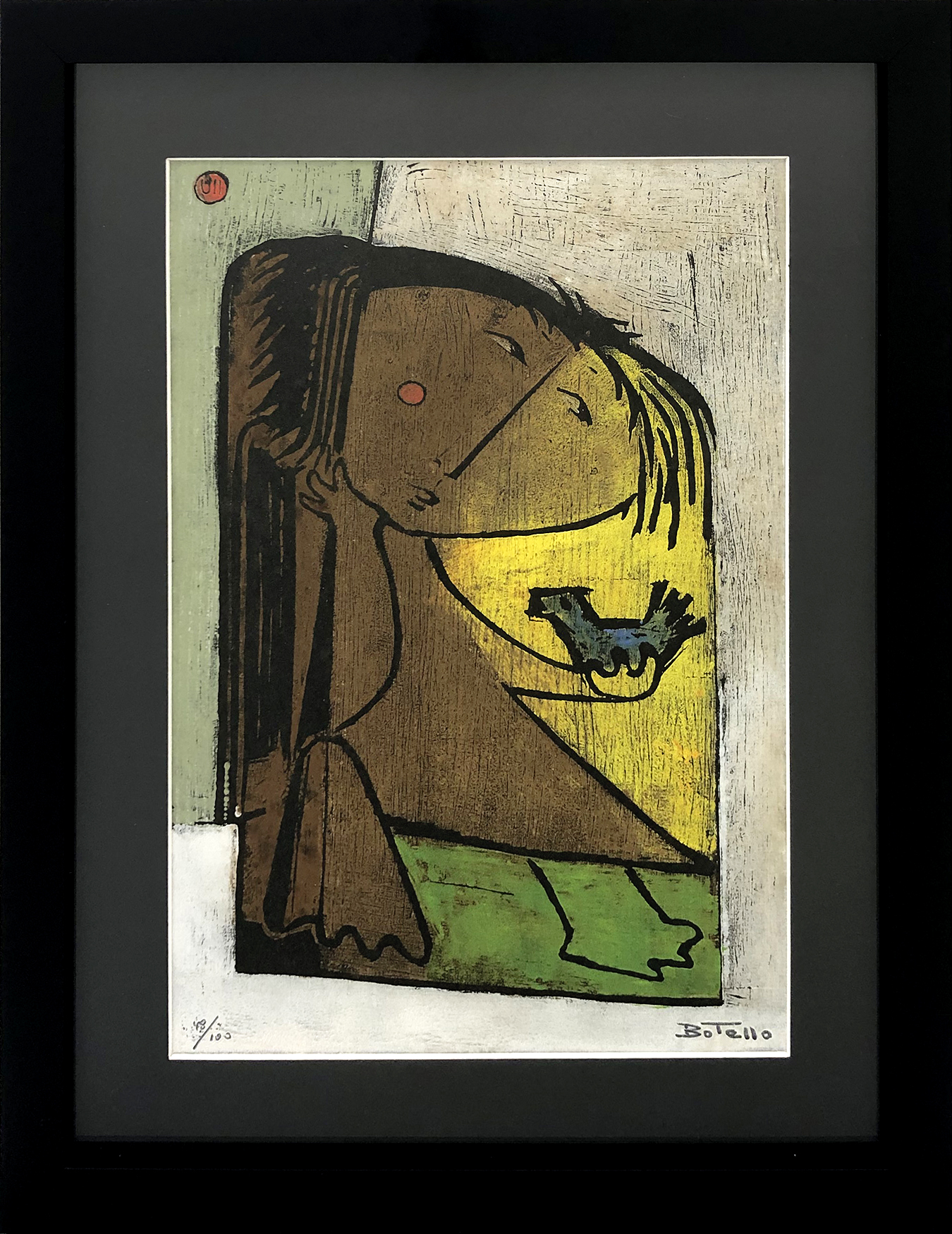 Nina Con Pajaro (hand signed linocut) by Angel Botello