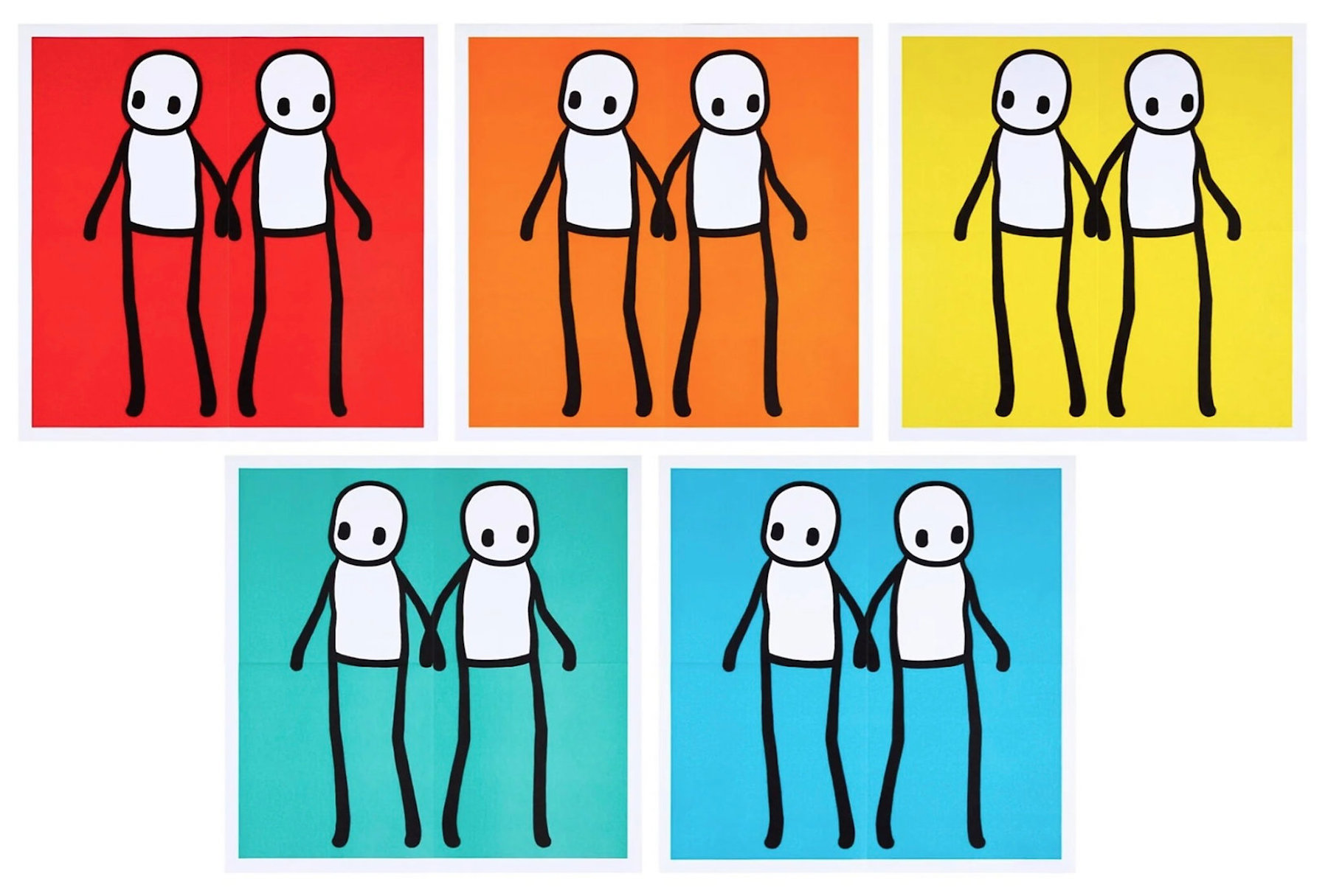 Stik Framed Holding Hands Hackney Today Set of 5-Red, Orange, Yellow, Blue, Teal by STIK