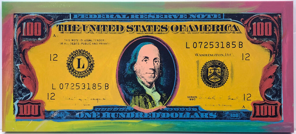 One Hundred Dollar Bill (unique hand painted silkscreen on canvas) by Steve Kaufman