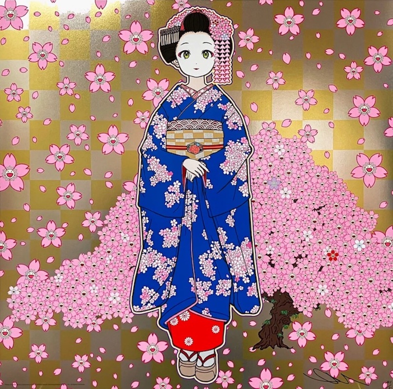 Maiko in Kyoto, Cherry Blossoms on Blue by Takashi Murakami