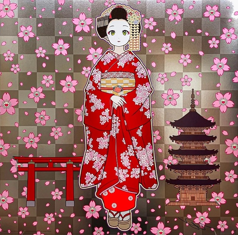 Maiko in Kyoto, Cherry Blossoms on Red by Takashi Murakami